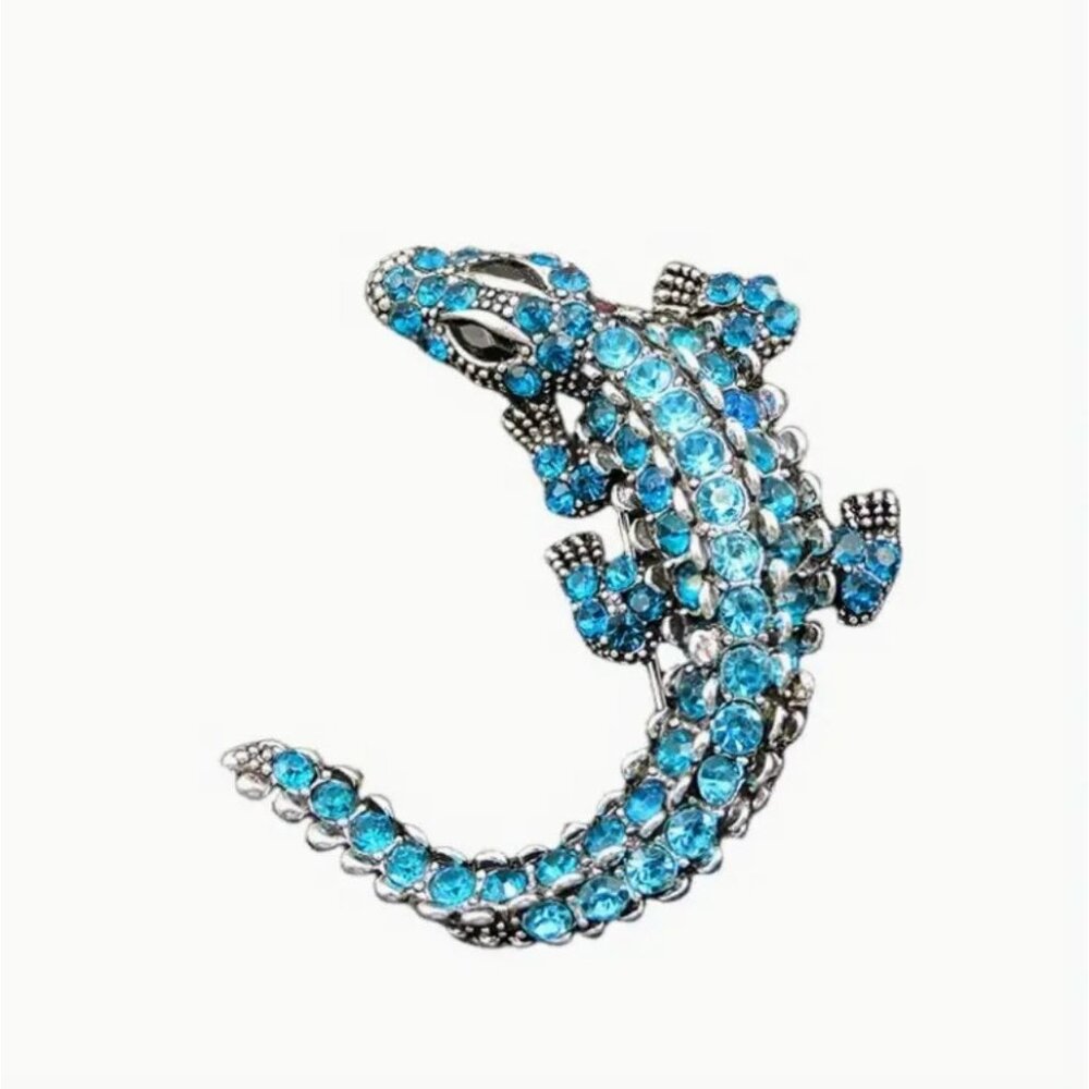 Crocodile Brooch Pin With Blue & Green Rhinestones